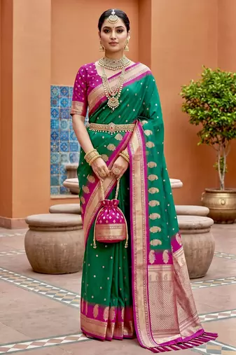 Sea green soft silk blend saree with zari weaving meenakari design