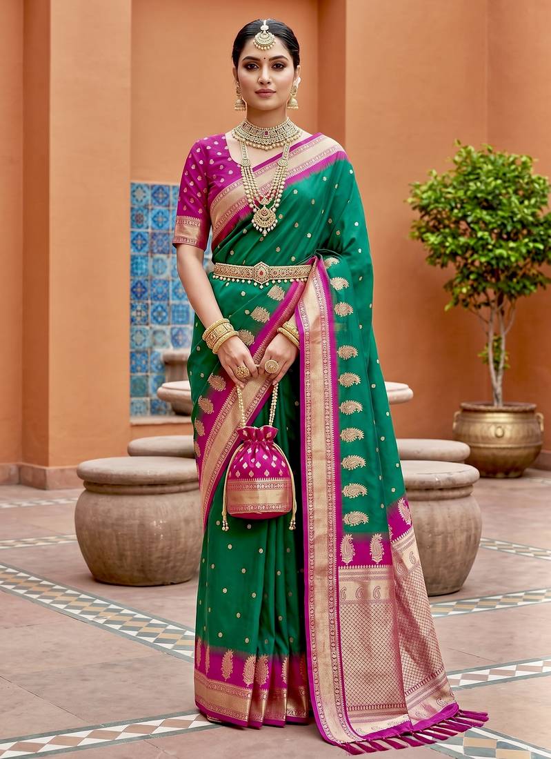 Sea green soft silk blend saree with zari weaving meenakari design