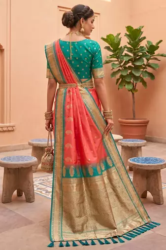 Peach soft silk blend saree with zari weaving meenakari design
