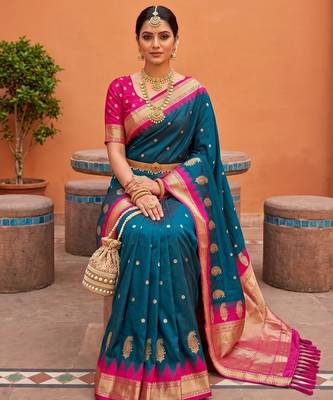 Teal soft silk blend saree with zari weaving meenakari design 3