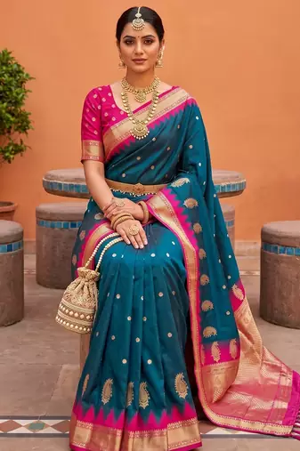 Teal soft silk blend saree with zari weaving meenakari design