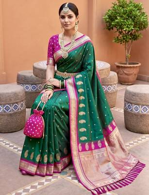 Sea green soft silk blend saree with zari weaving meenakari design 2