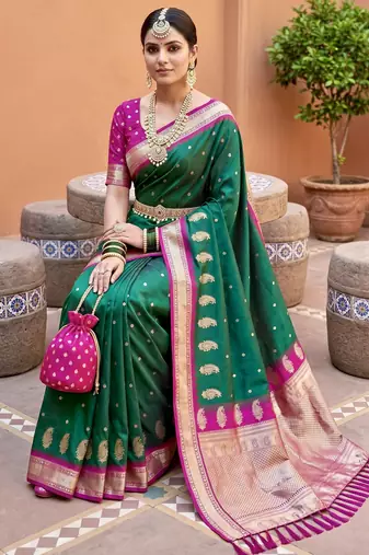 Sea green soft silk blend saree with zari weaving meenakari design