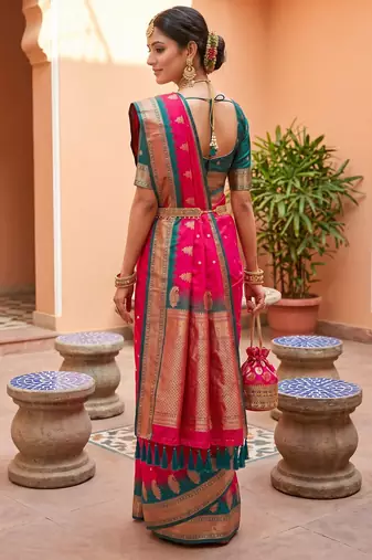 Pink soft silk blend saree with zari weaving meenakari design