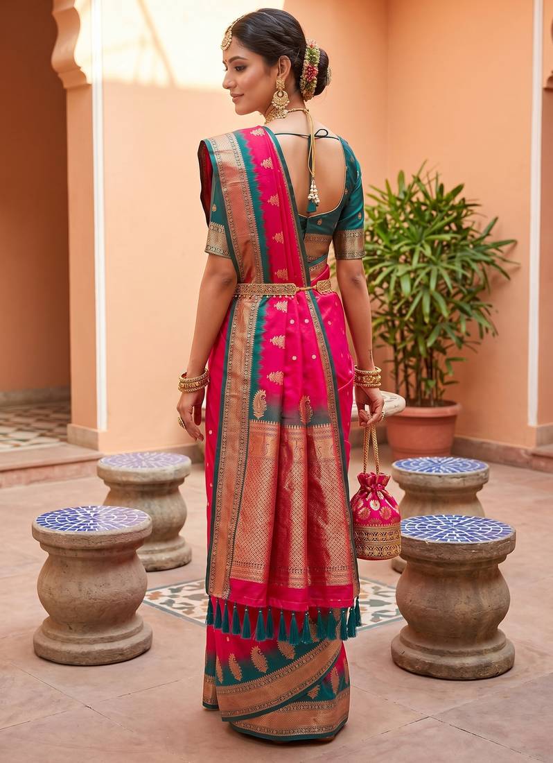 Pink soft silk blend saree with zari weaving meenakari design