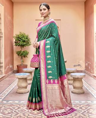 Sea green soft silk blend saree with zari weaving meenakari design 3