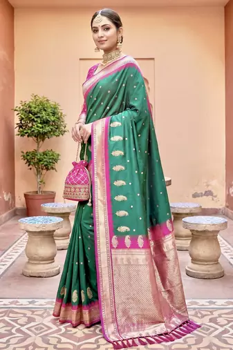 Sea green soft silk blend saree with zari weaving meenakari design