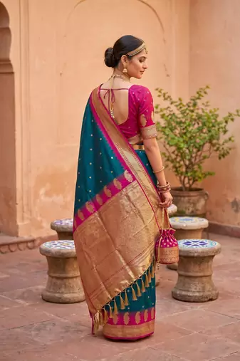 Teal soft silk blend saree with zari weaving meenakari design