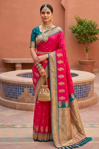 Pink soft silk blend saree with zari weaving meenakari design