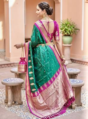 Sea green soft silk blend saree with zari weaving meenakari design 4