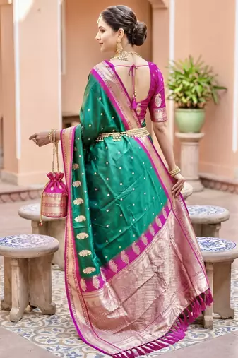 Sea green soft silk blend saree with zari weaving meenakari design