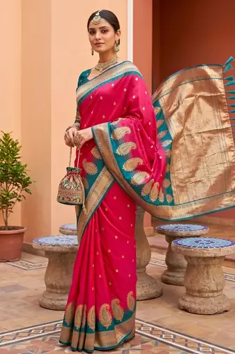 Pink soft silk blend saree with zari weaving meenakari design