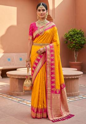 Yellow soft silk blend saree with zari weaving meenakari design 1