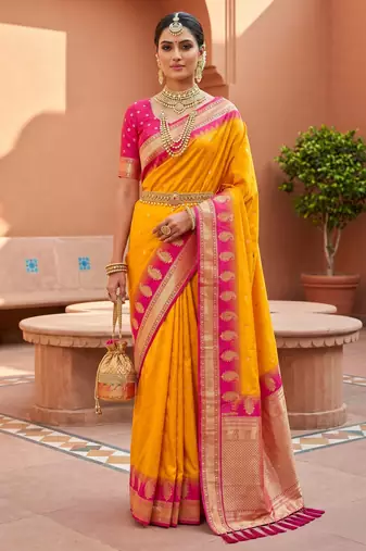 Yellow soft silk blend saree with zari weaving meenakari design