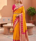Yellow soft silk blend saree with zari weaving meenakari design