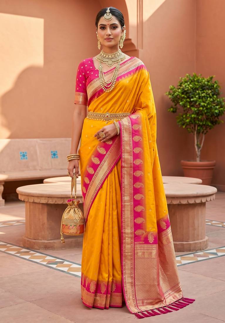 Yellow soft silk blend saree with zari weaving meenakari design