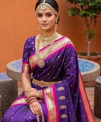 Violet soft silk blend saree with zari weaving meenakari design 3