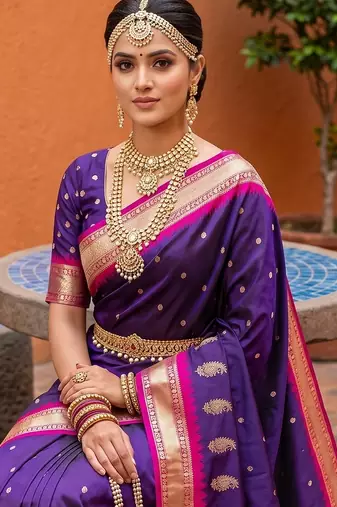 Violet soft silk blend saree with zari weaving meenakari design