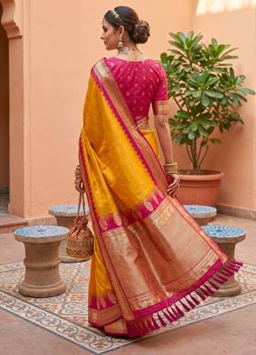 Yellow soft silk blend saree with zari weaving meenakari design 2