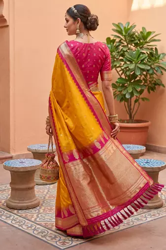 Yellow soft silk blend saree with zari weaving meenakari design