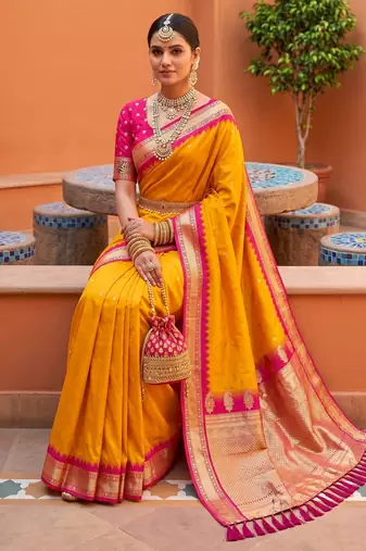 Yellow soft silk blend saree with zari weaving meenakari design