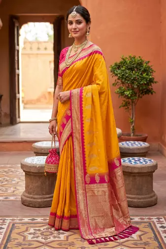 Yellow soft silk blend saree with zari weaving meenakari design