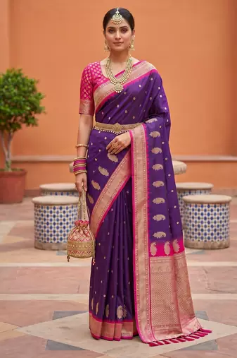 Purple soft silk blend saree with zari weaving minakari design