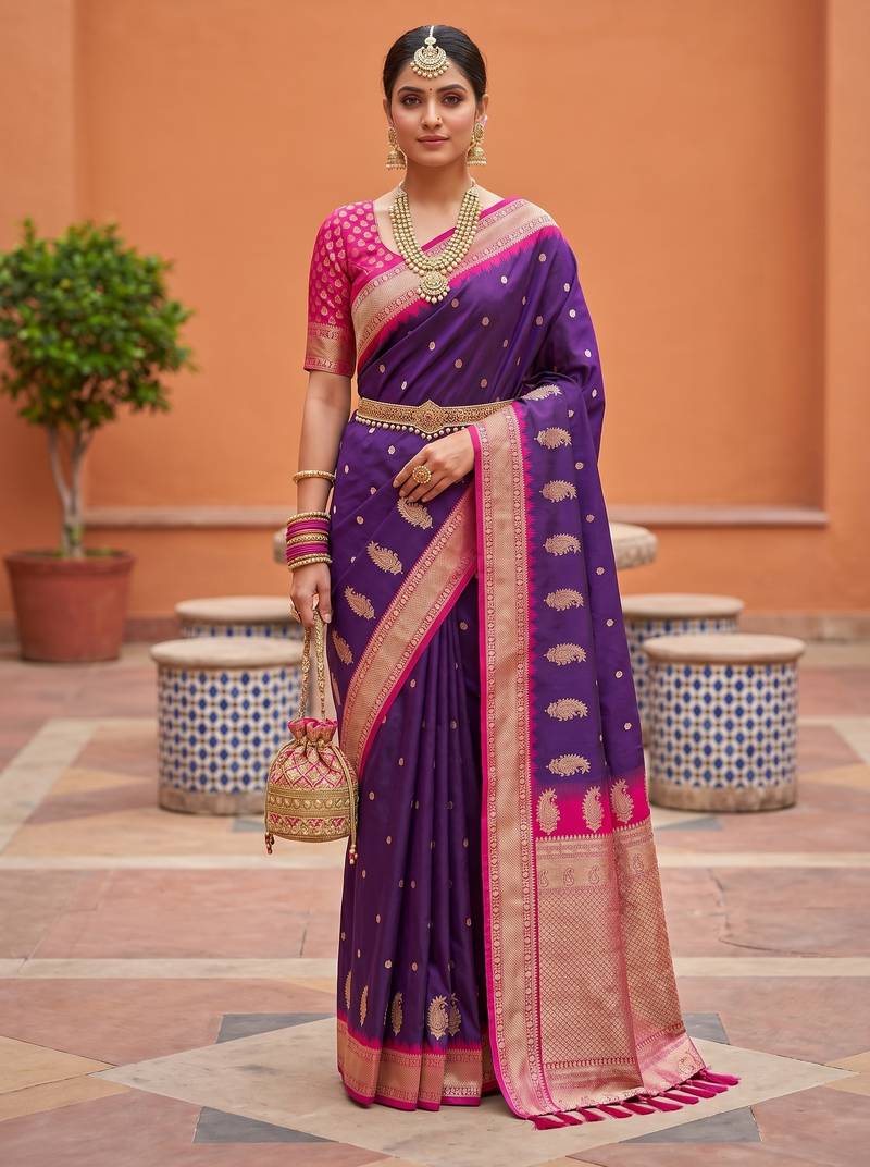 Purple soft silk blend saree with zari weaving minakari design