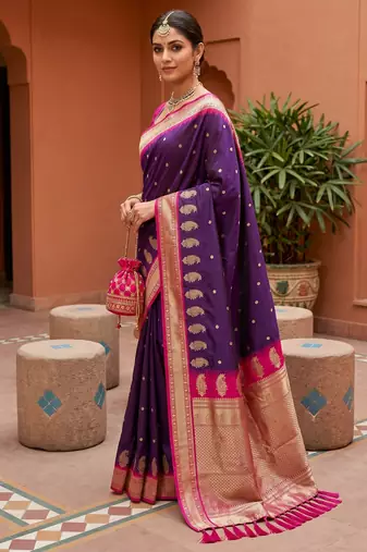 Purple soft silk blend saree with zari weaving minakari design