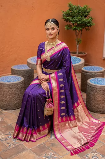 Purple soft silk blend saree with zari weaving minakari design