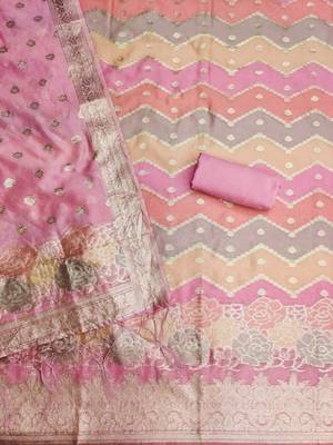 Pink organza banarasi jacquard dress material suit 2
