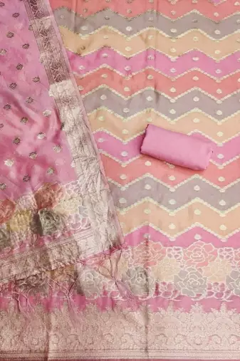 Pink organza banarasi jacquard dress material suit