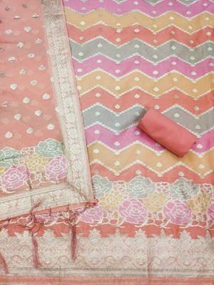 Peach organza banarasi jacquard dress material suit 2