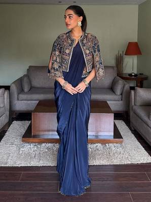 Navy blue ready to wear chinon silk lehenga saree with embroidered jacket 1