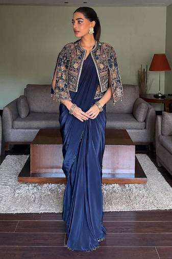 Navy blue ready to wear chinon silk lehenga saree with embroidered jacket