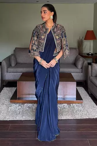 Navy blue ready to wear chinon silk lehenga saree with embroidered jacket