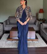 Navy blue ready to wear chinon silk lehenga saree with embroidered jacket