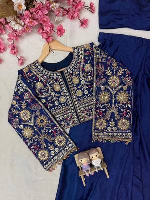 Navy blue ready to wear chinon silk lehenga saree with embroidered jacket 2