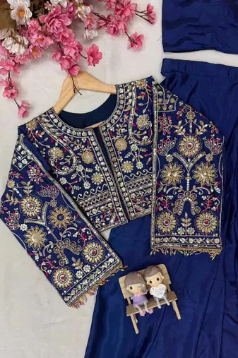 Navy blue ready to wear chinon silk lehenga saree with embroidered jacket