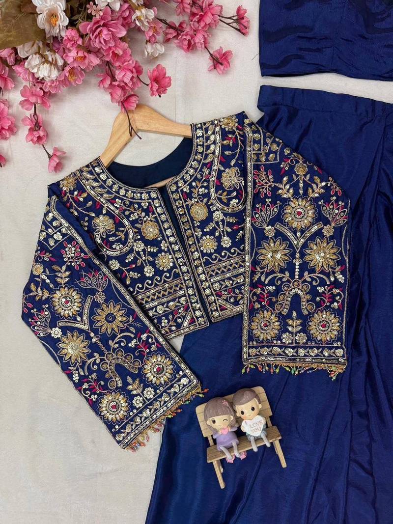 Navy blue ready to wear chinon silk lehenga saree with embroidered jacket
