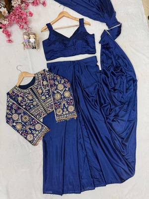 Navy blue ready to wear chinon silk lehenga saree with embroidered jacket 3