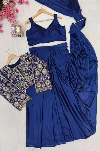 Navy blue ready to wear chinon silk lehenga saree with embroidered jacket