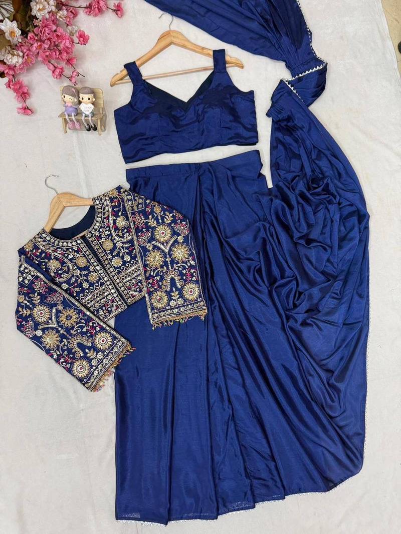 Navy blue ready to wear chinon silk lehenga saree with embroidered jacket