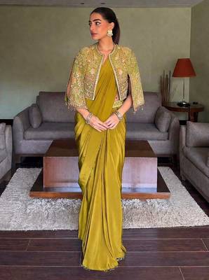 Mehendi ready to wear chinon silk lehenga saree with embroidered jacket 1