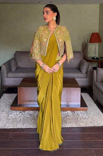 Mehendi ready to wear chinon silk lehenga saree with embroidered jacket
