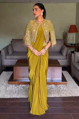 Mehendi ready to wear chinon silk lehenga saree with embroidered jacket