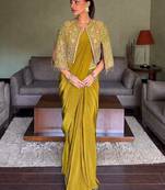 Mehendi ready to wear chinon silk lehenga saree with embroidered jacket