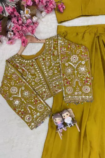 Mehendi ready to wear chinon silk lehenga saree with embroidered jacket