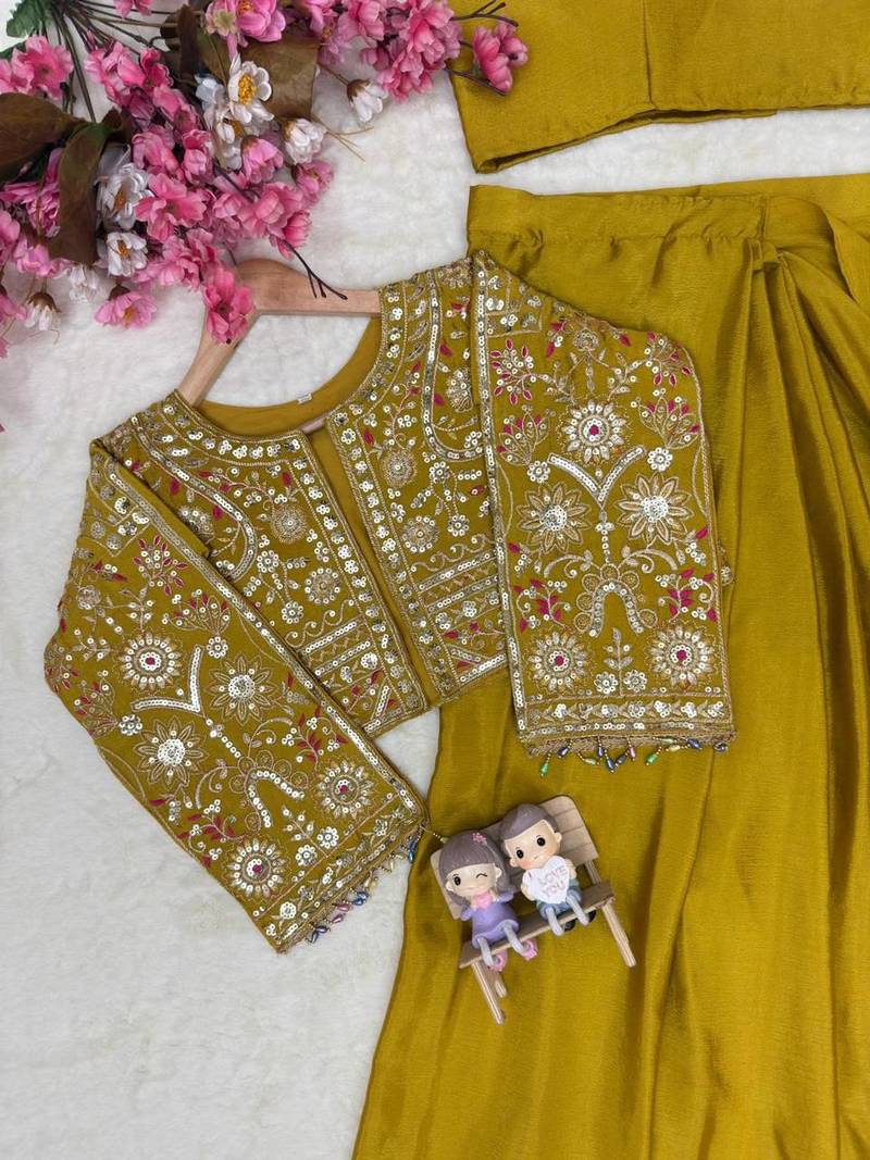 Mehendi ready to wear chinon silk lehenga saree with embroidered jacket