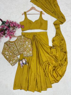 Mehendi ready to wear chinon silk lehenga saree with embroidered jacket 3